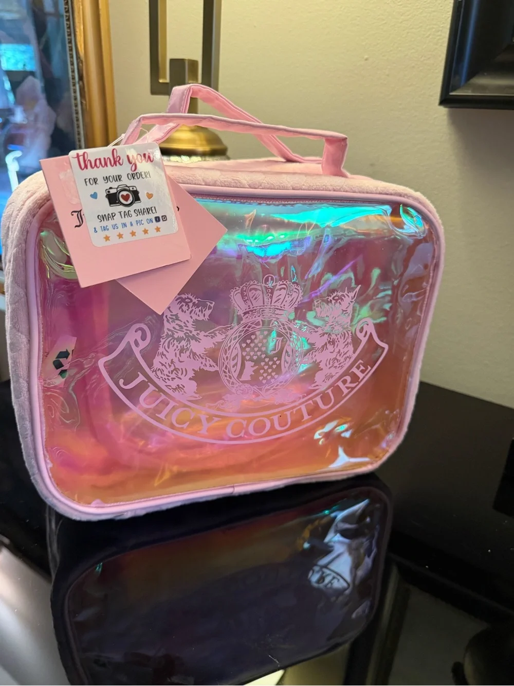 NWT Juicy Couture Iridescent Pink Cosmetic Train Case Scottie Dogs